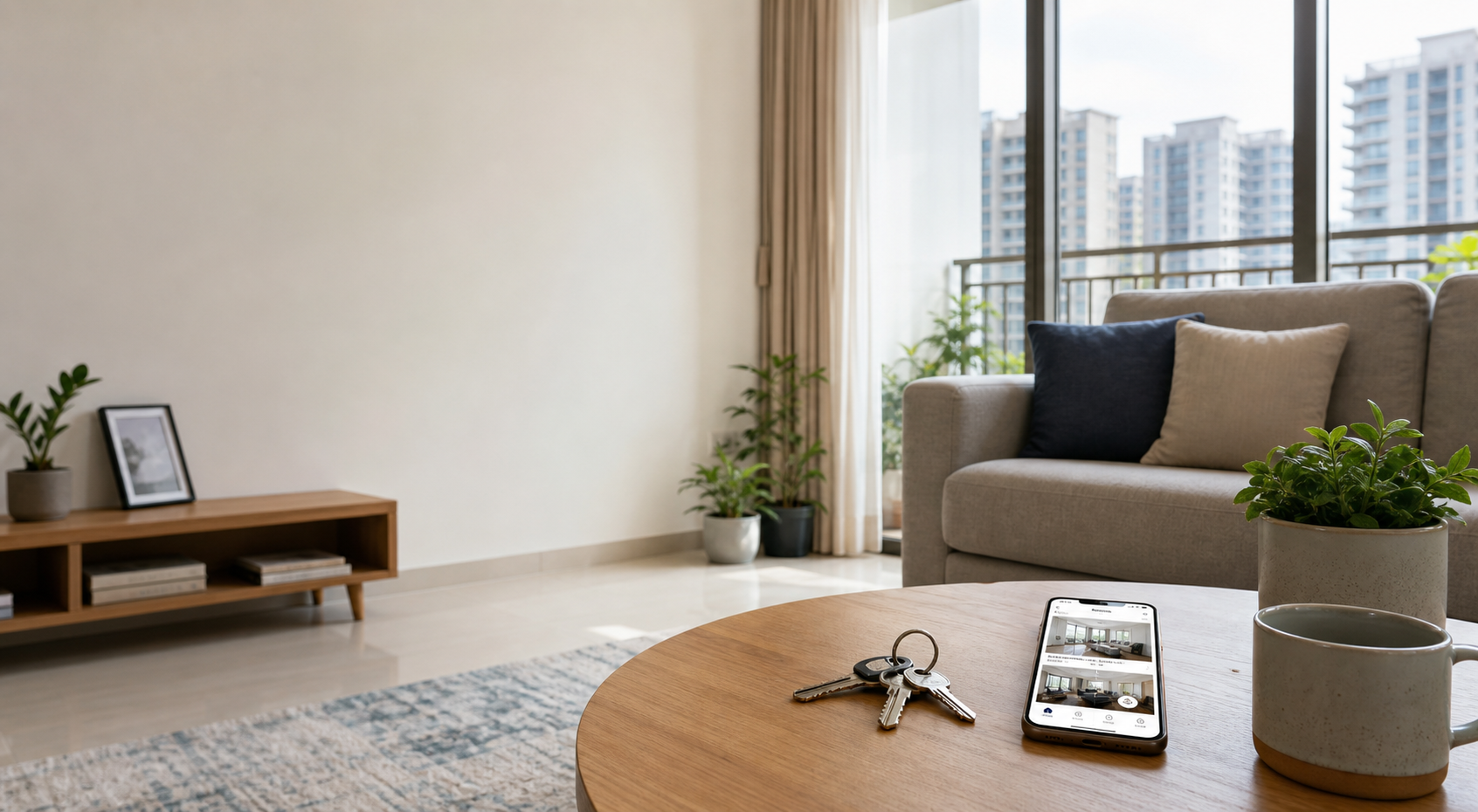 Bright apartment interior with keys and a rental listing phone